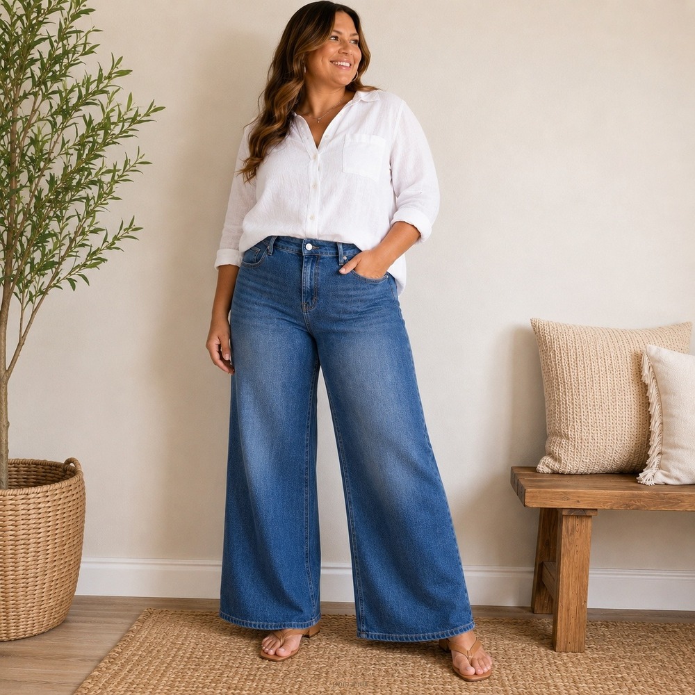 Rise Supply Co Wide Leg Jeans Womens Size 15 Medium Wash Blue Stretch Denim